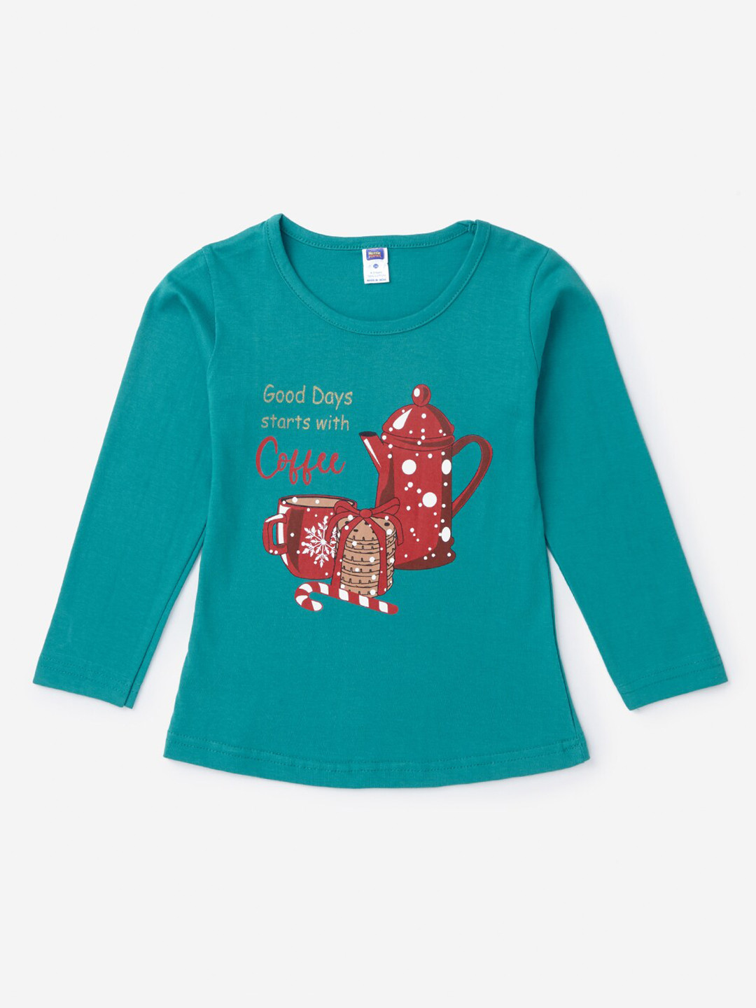 

Hopscotch Girls Green Typography Printed Pure Cotton T-shirt