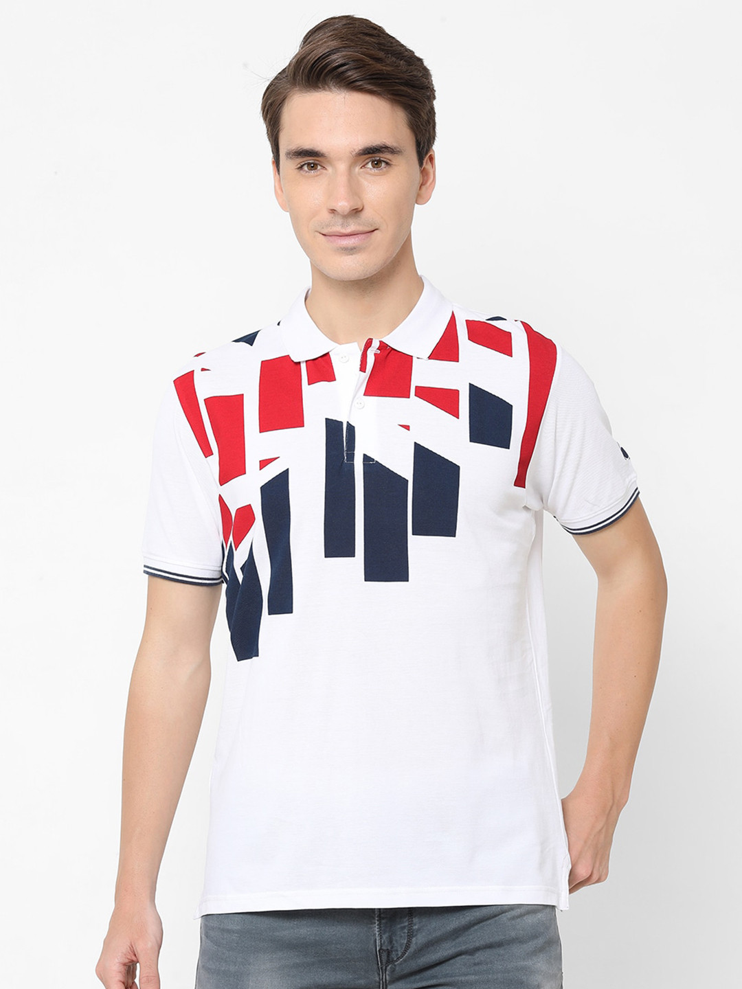 

Pepe Men White Colourblocked Printed Polo Collar Cotton T-shirt