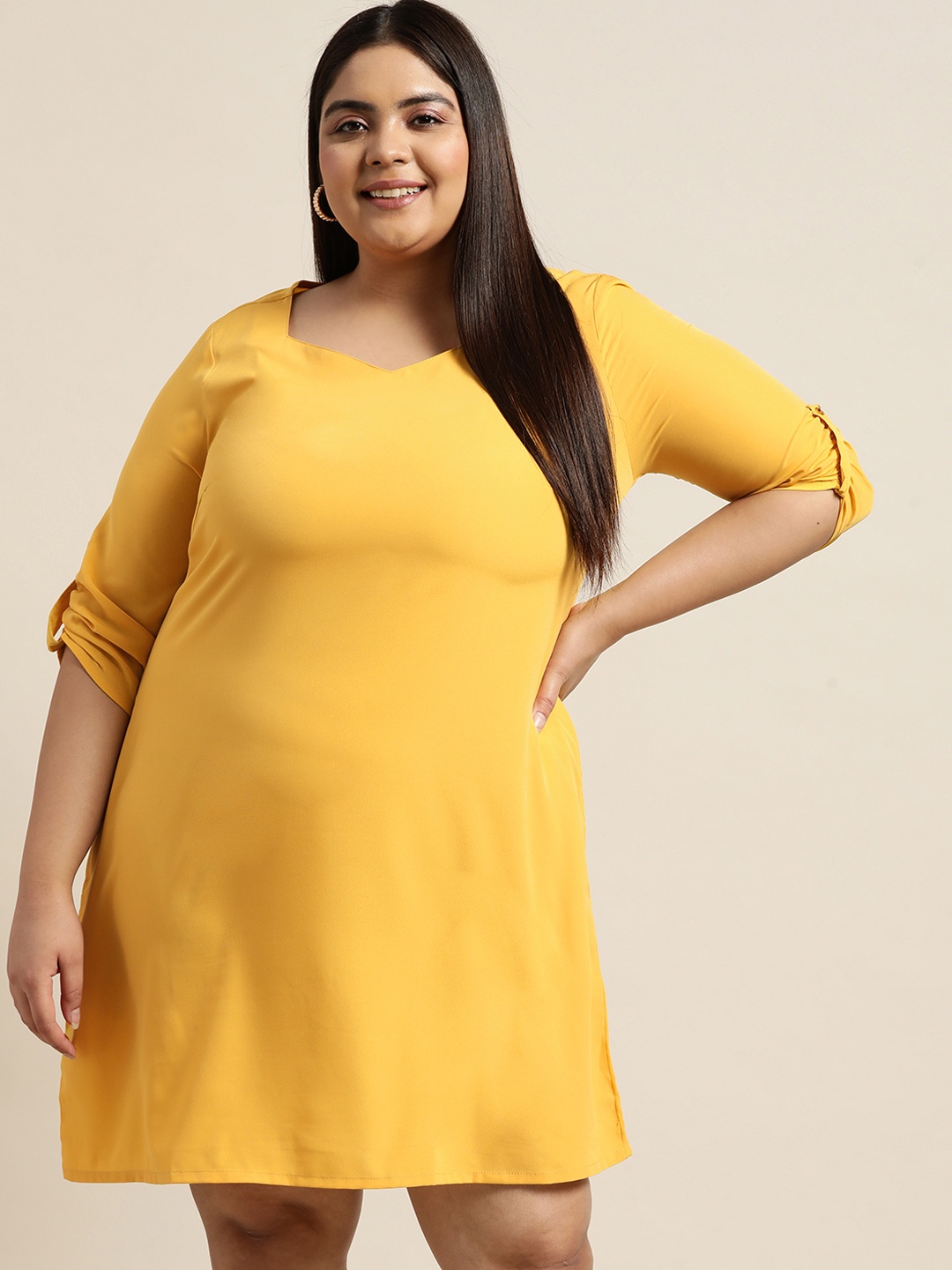 

Sztori Women Plus Size Mustard Yellow Sweetheart Neck A-Line Dress