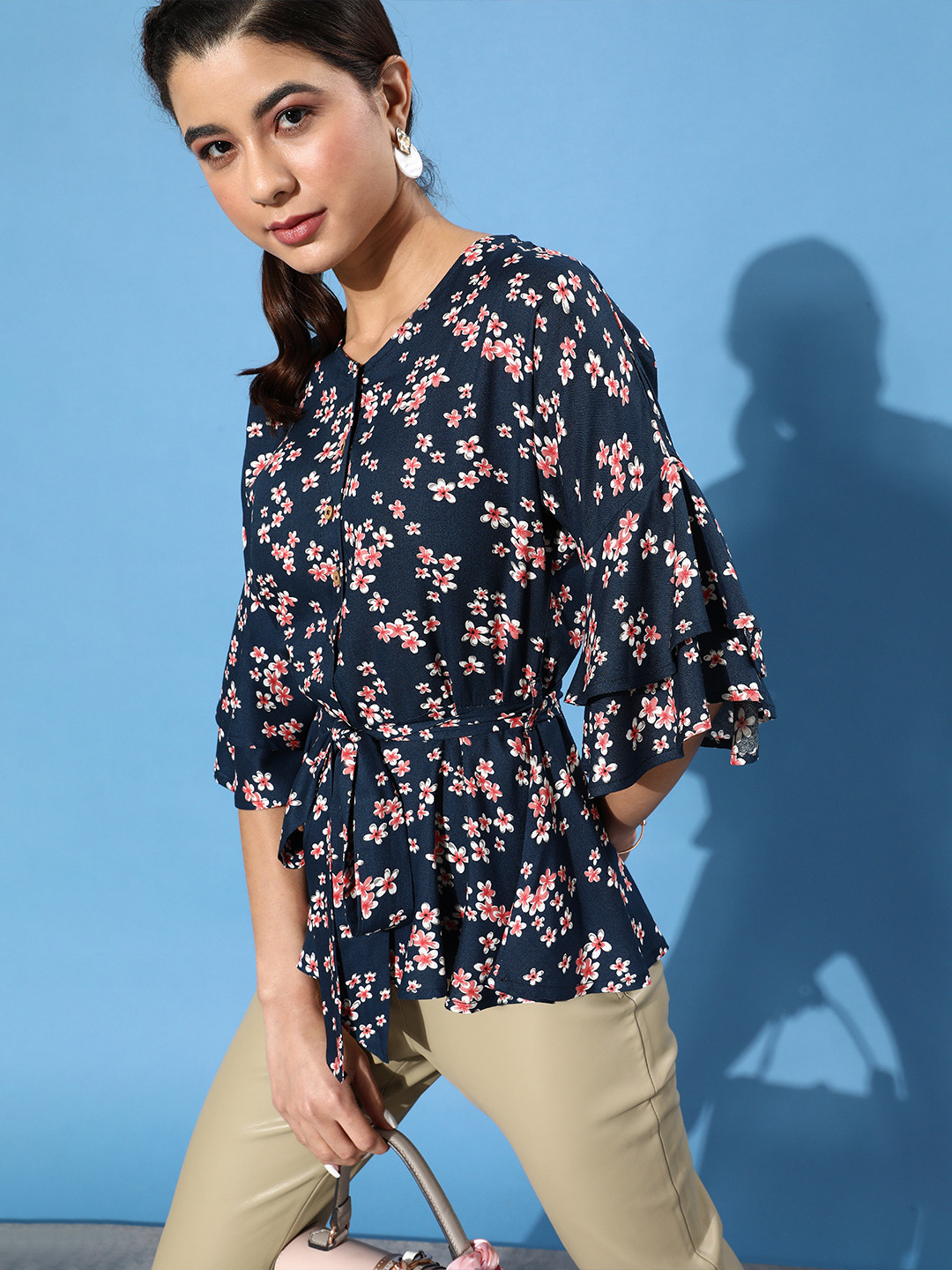 

Popnetic Women Deep Navy Blue Romantic Florals Top