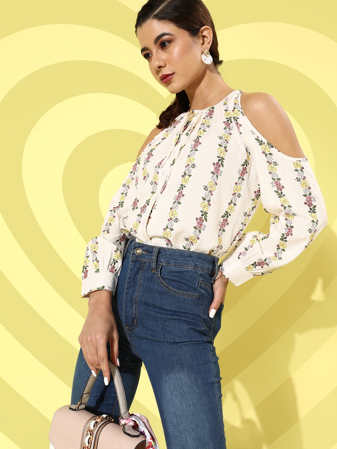 

Popnetic Women Classic White Floral Cold-Shoulder Sleeves Top