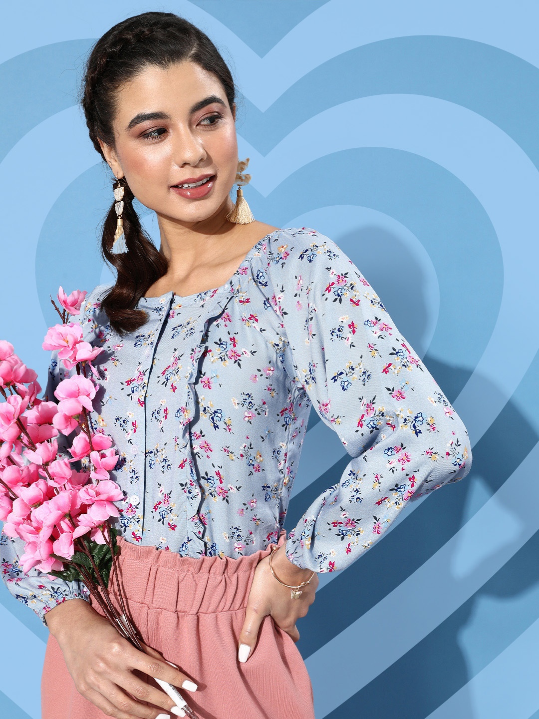 

Popnetic Women Blue Floral Ruffled Top