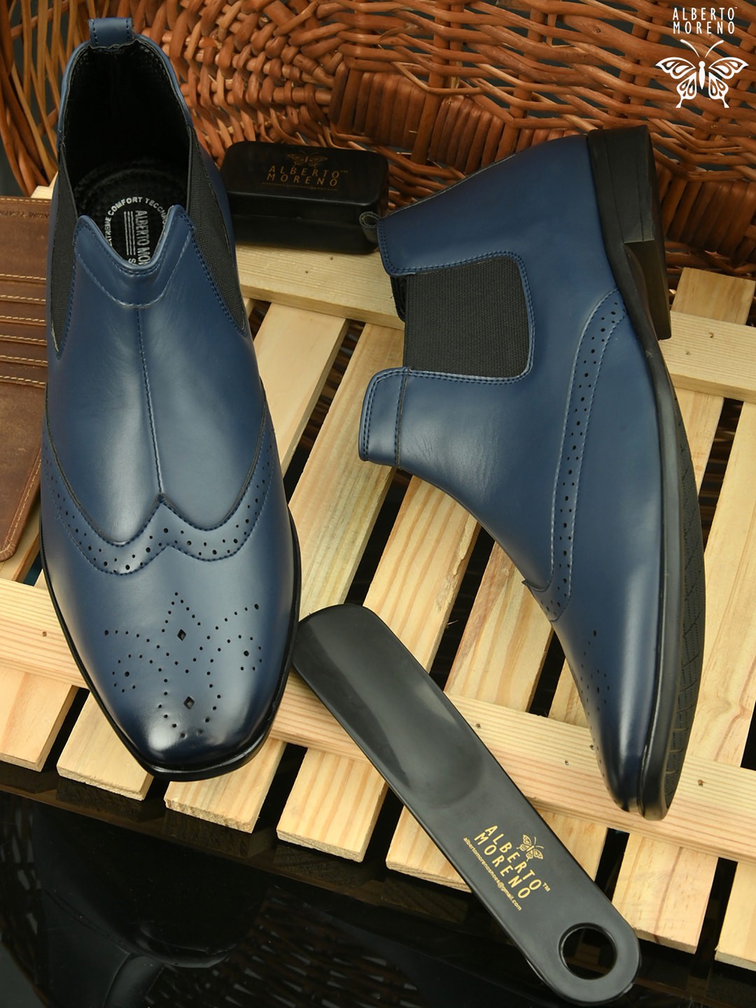 

ALBERTO MORENO Men Navy Blue Perforations Flat Boots