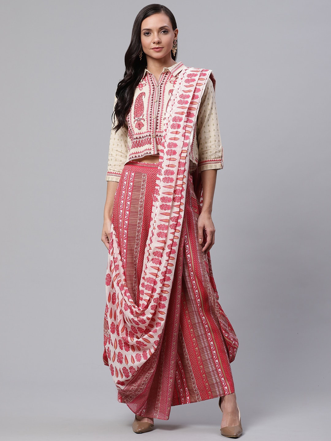 

Divena Women Beige & Pink Floral Panelled Pure Cotton Top With Palazzos & Attached Dupatta