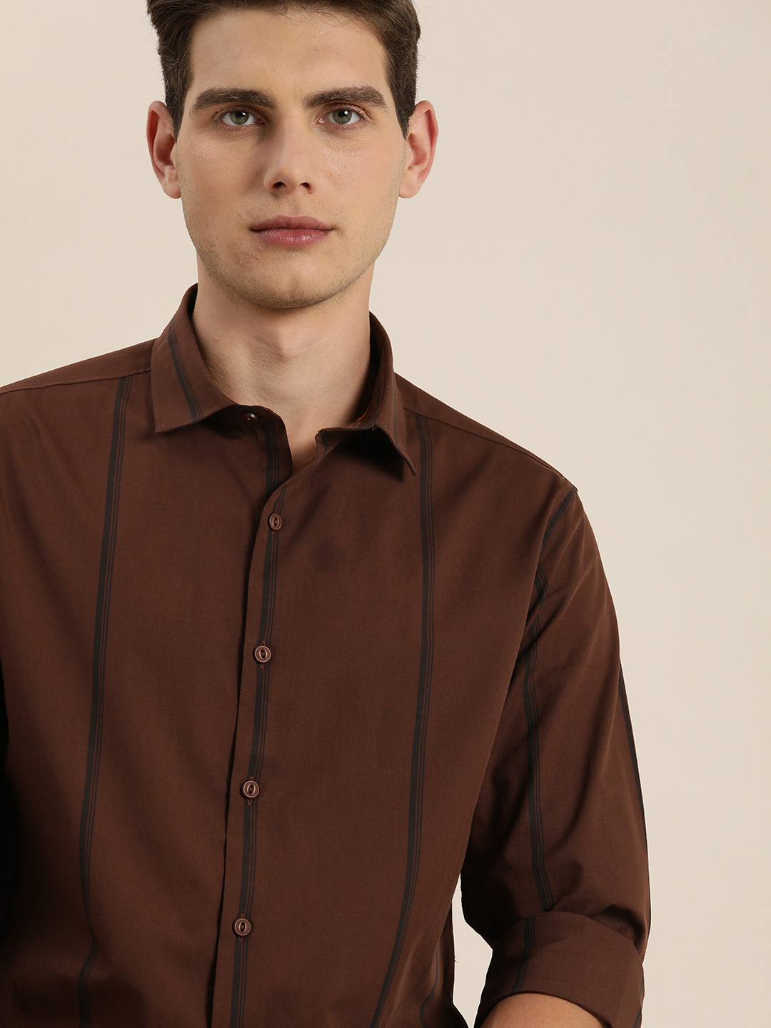 

INVICTUS Men Brown Striped Pure Cotton Regular Fit Casual Shirt