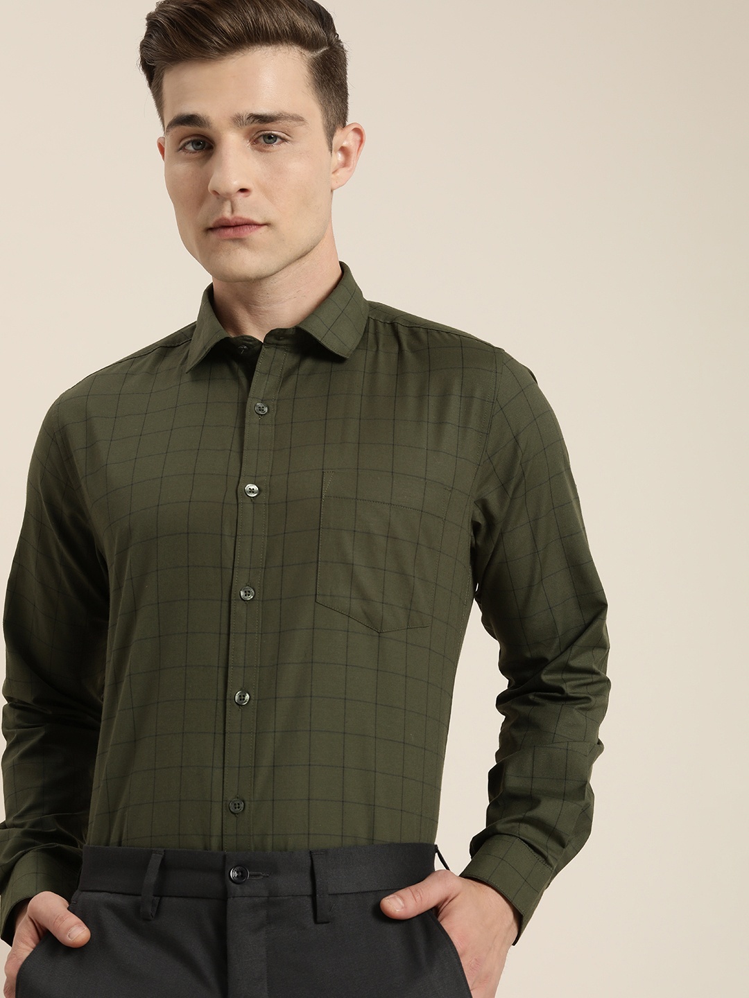 

INVICTUS Men Olive Green Slim Fit Windowpane Checks Smart Casual Shirt