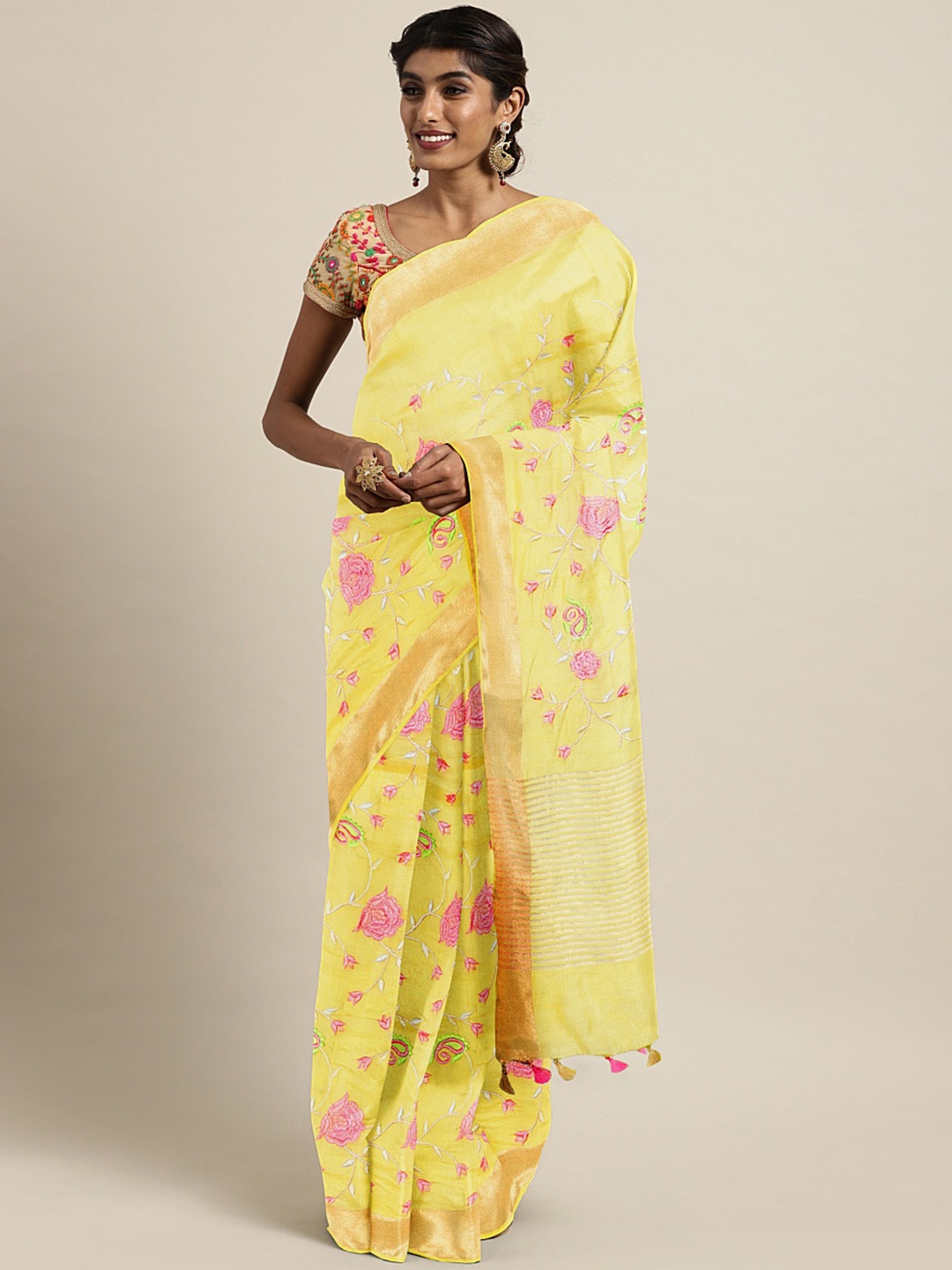 

Kalakari India Yellow & Pink Ethnic Embroidered Silk Blend Saree