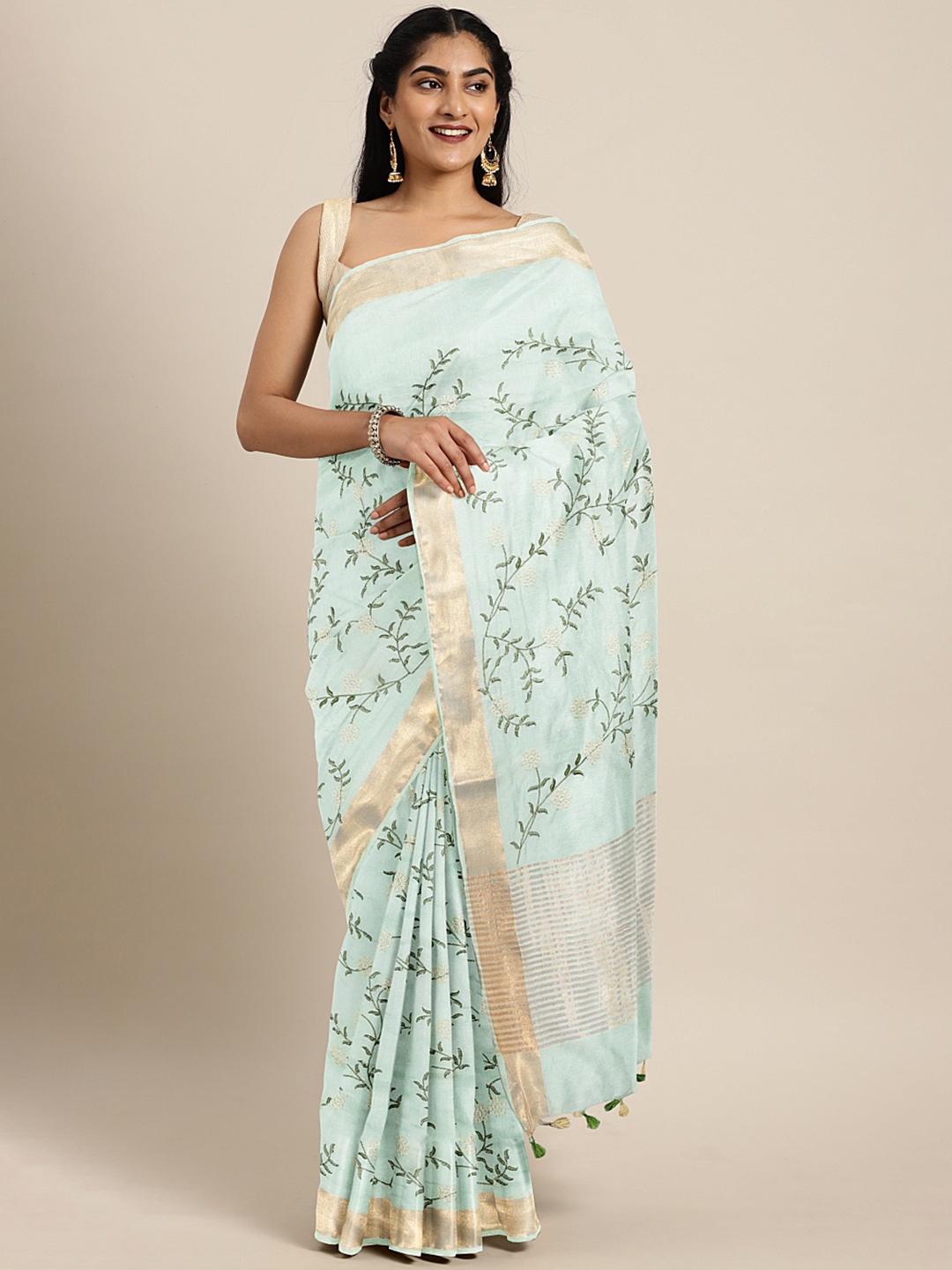 

Kalakari India Green Floral Embroidered Silk Blend Saree