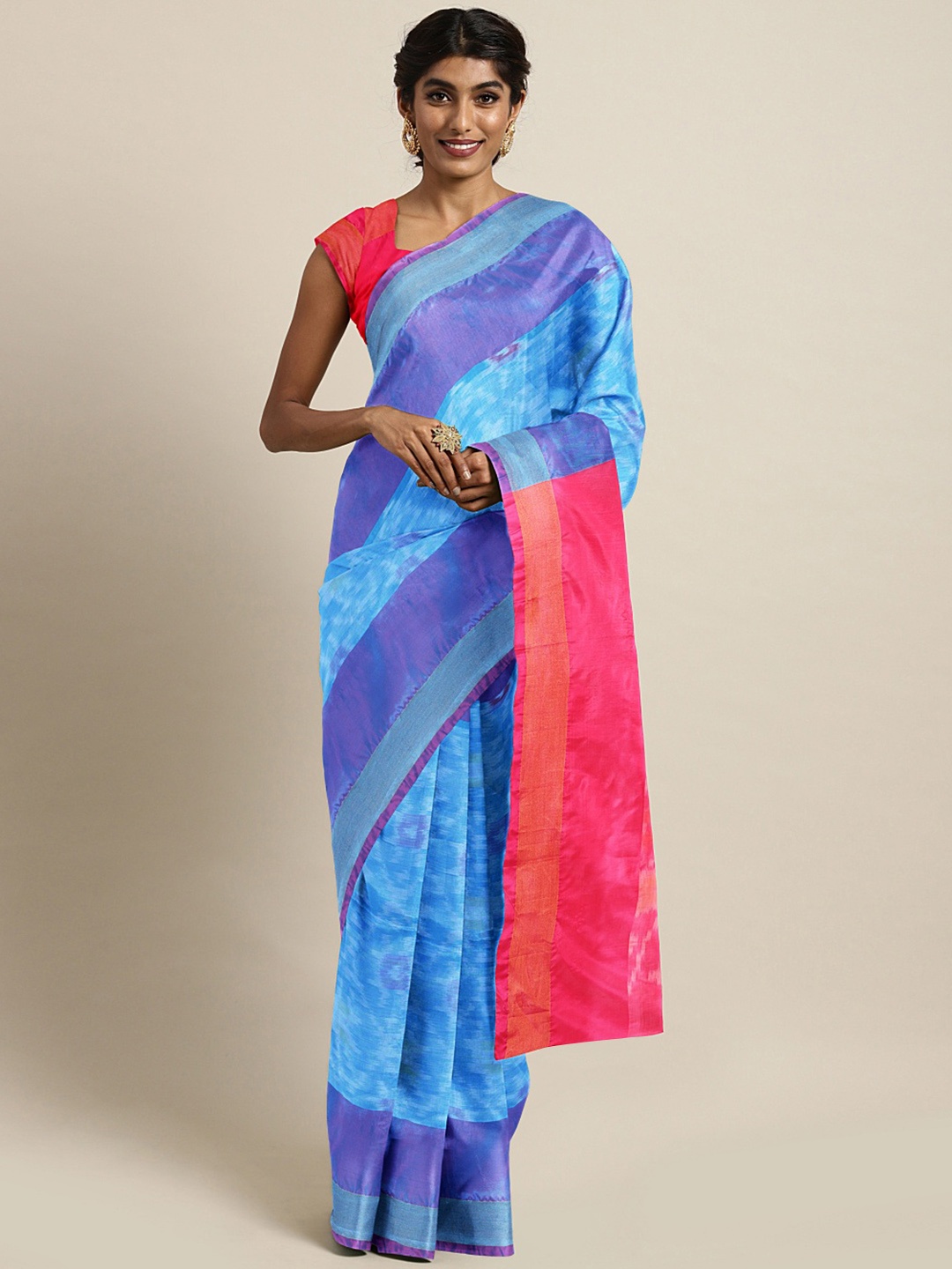 

Kalakari India Blue & Pink Ethnic Woven Design Pure Silk Uppada Saree