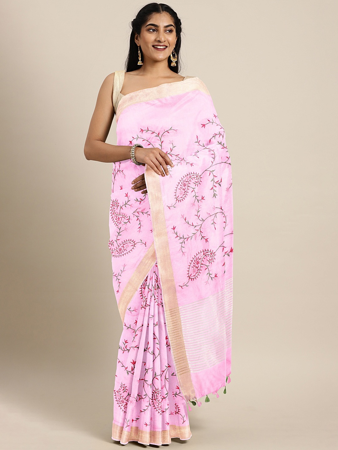 

Kalakari India Pink & Green Paisley Embroidered Silk Blend Saree