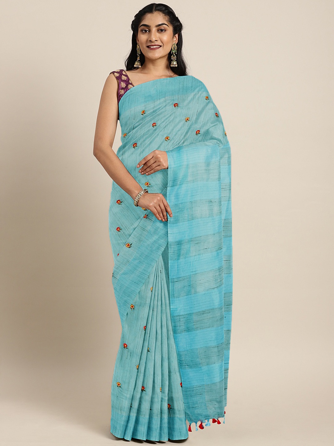 

Kalakari India Blue & Red Floral Embroidered Silk Blend Saree