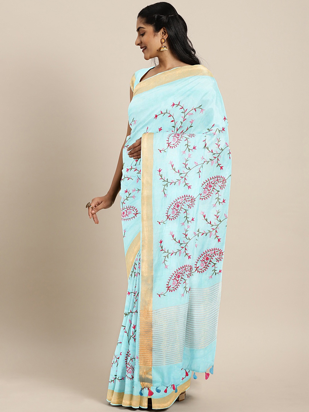 

Kalakari India Blue & Pink Paisley Embroidered Silk Blend Saree