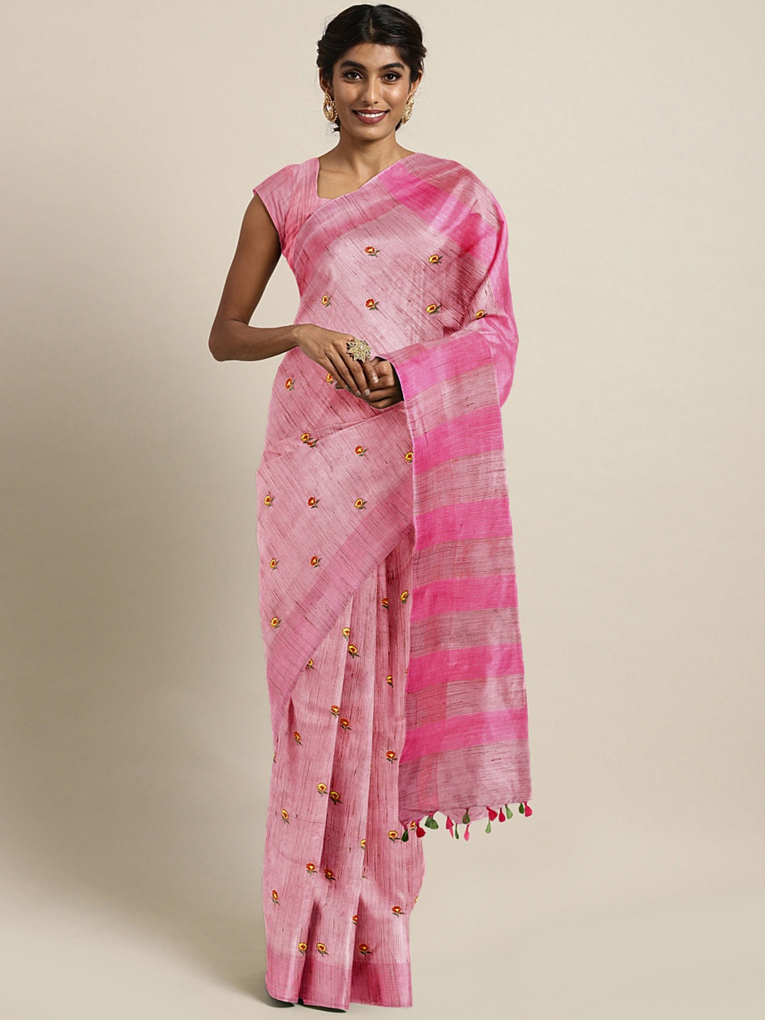 

Kalakari India Pink & Yellow Floral Embroidered Silk Blend Saree