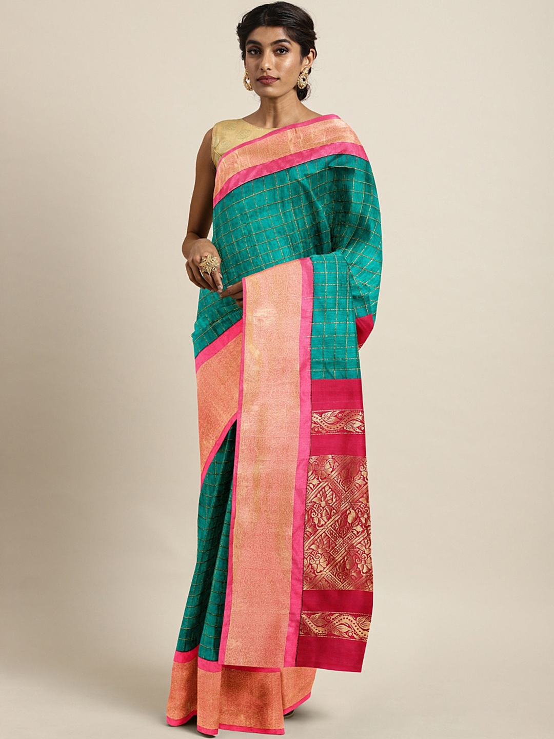 

Kalakari India Green & Golden Checked Pure Silk Uppada Saree