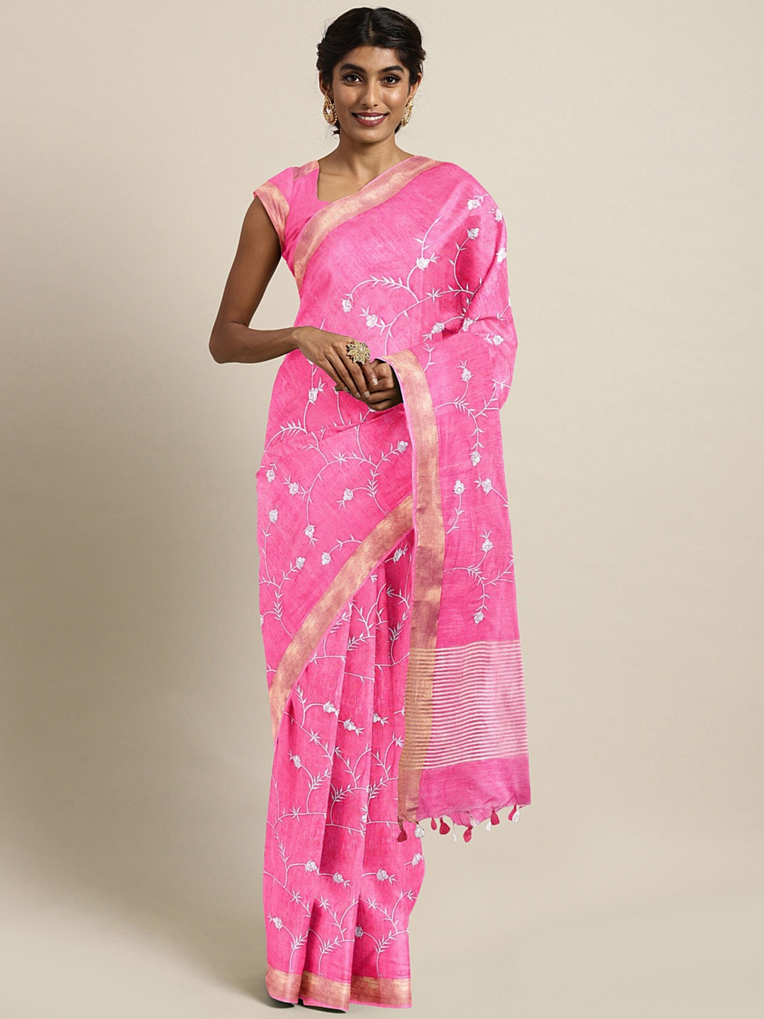 

Kalakari India Pink & White Floral Embroidered Silk Blend Saree