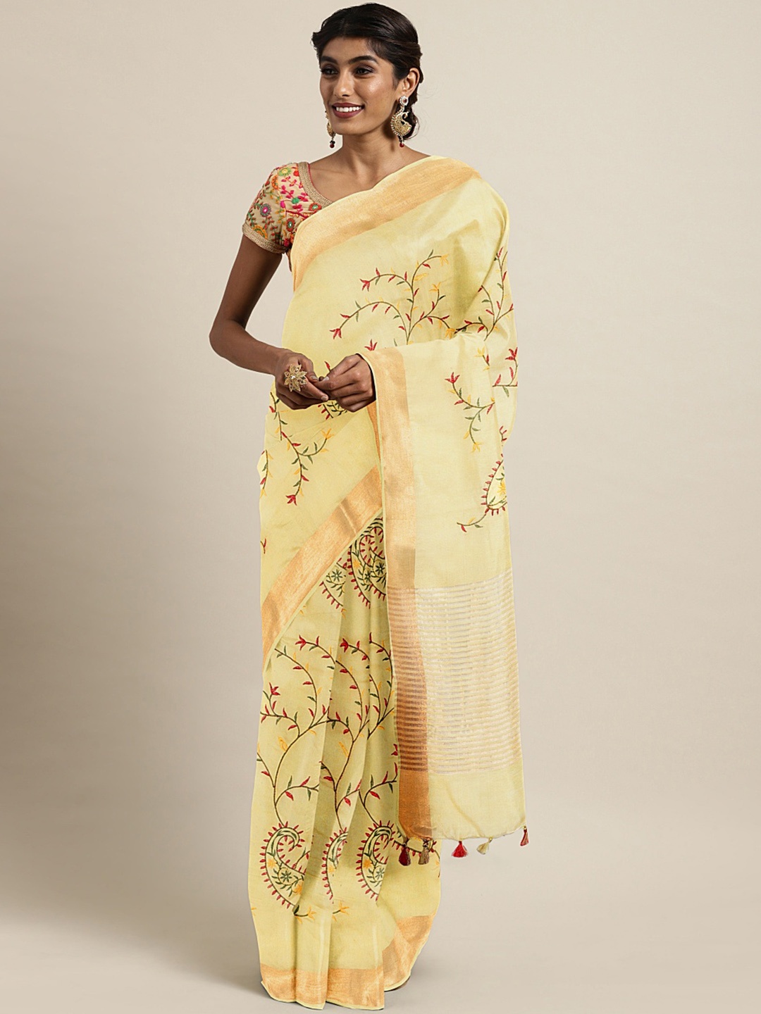 

Kalakari India Yellow & Green Floral Embroidered Silk Blend Saree