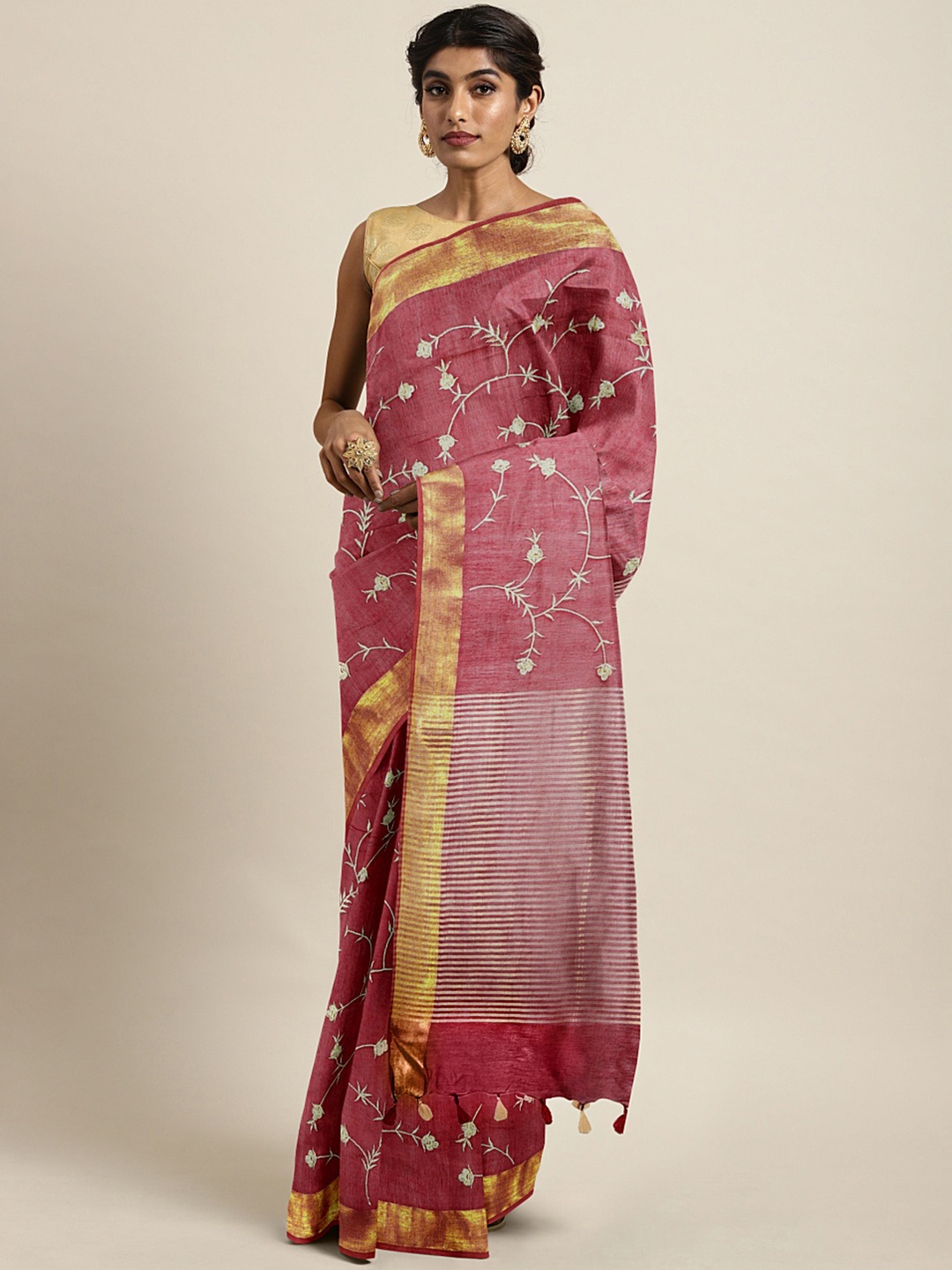 

Kalakari India Maroon & Golden Floral Embroidered Silk Blend Saree