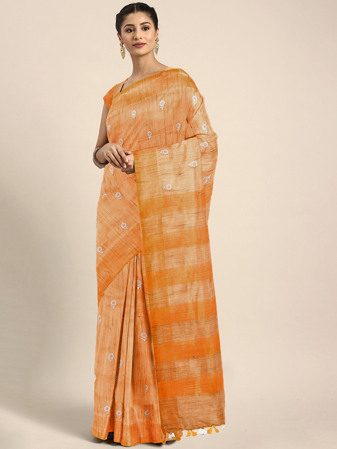 

Kalakari India Orange & White Floral Embroidered Silk Blend Saree