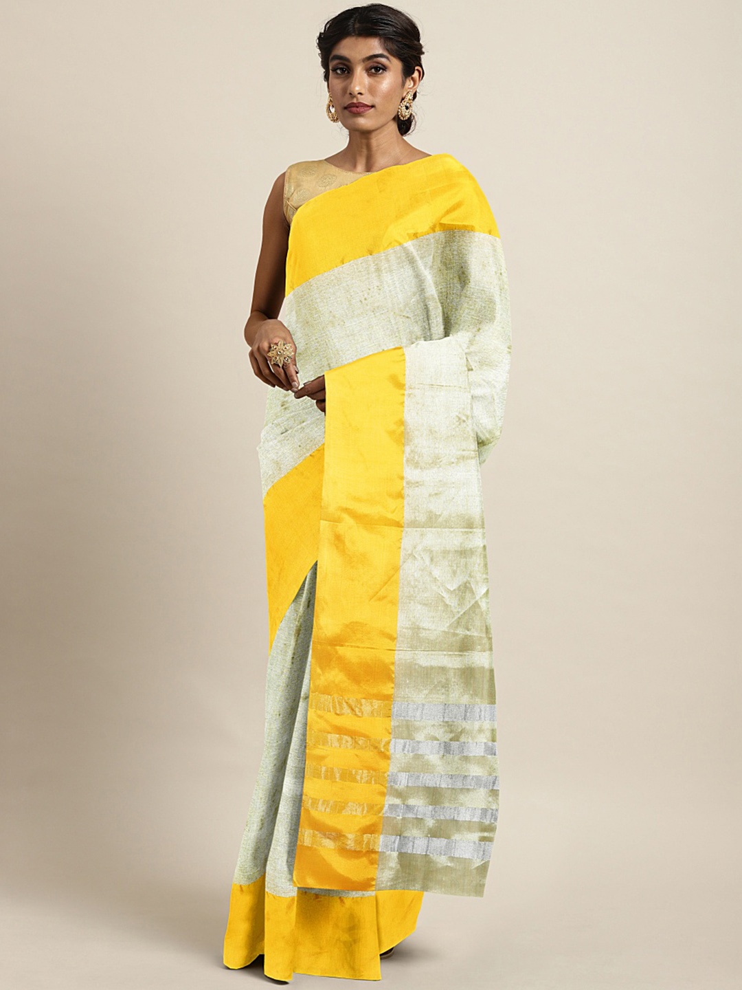 

Kalakari India Green & Yellow Solid Pure Silk Uppada Saree
