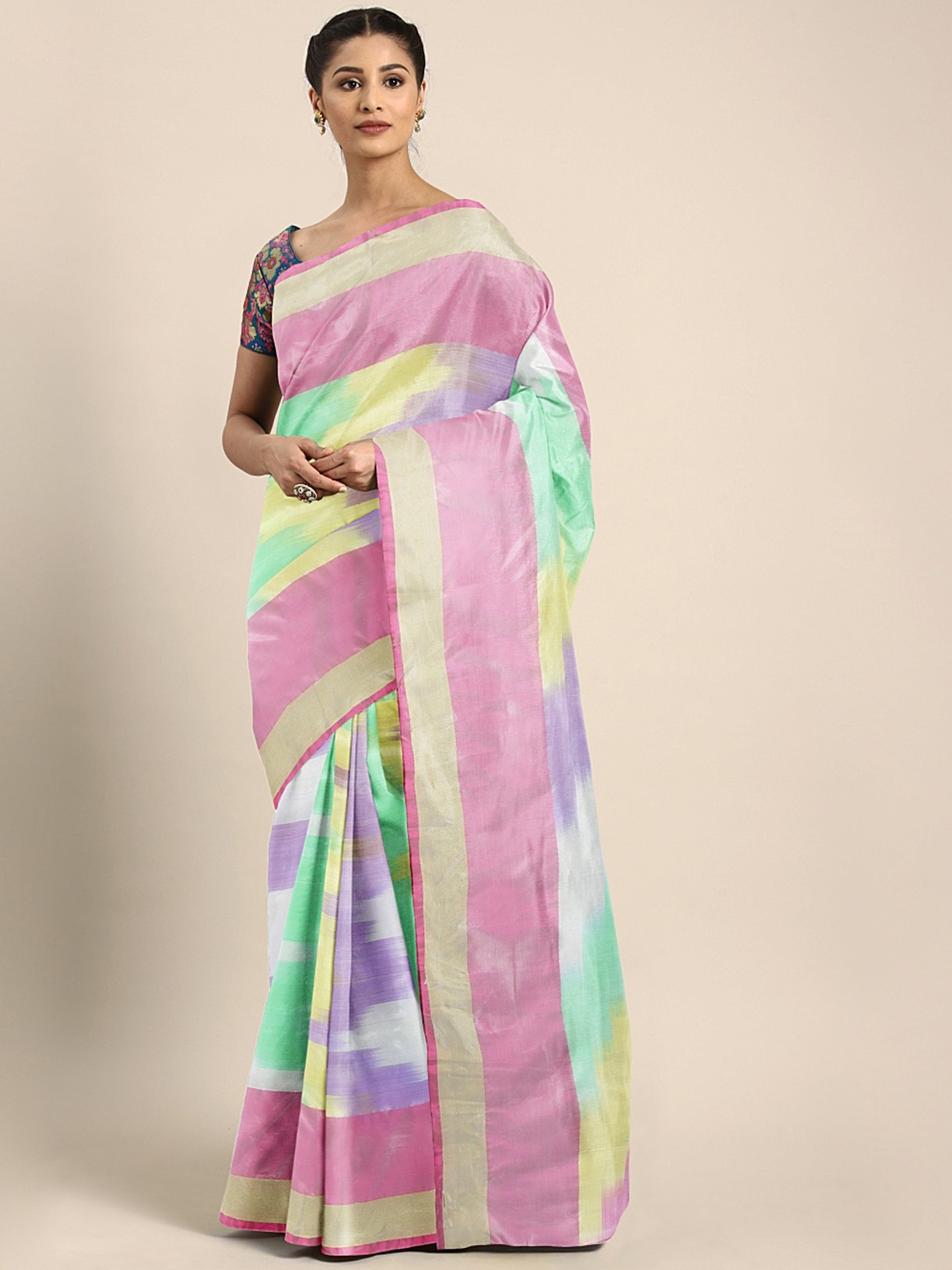 

Kalakari India Green & Pink Pure Silk Woven Design Uppada Saree