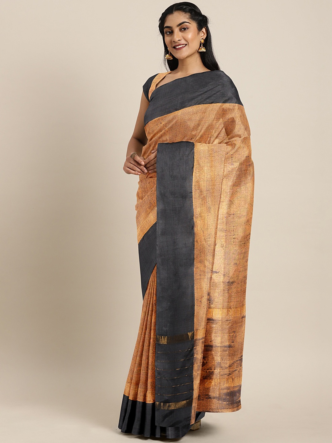 

Kalakari India Golden & Charcoal Grey Solid Pure Silk Uppada Saree, Gold