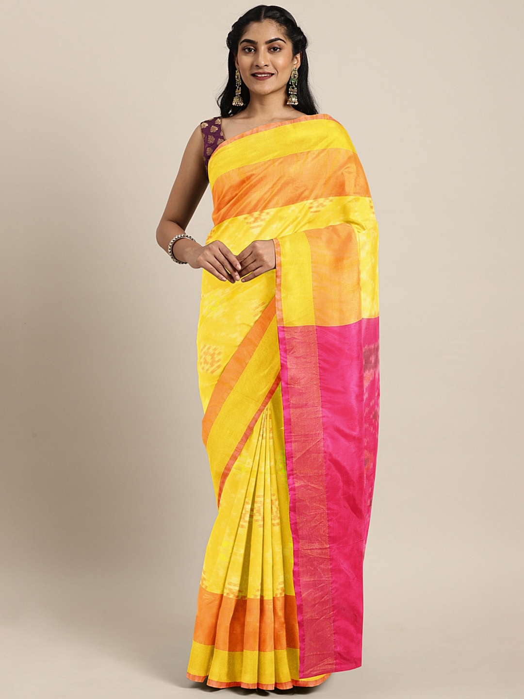 

Kalakari India Yellow & Pink Woven Design Pure Silk Saree