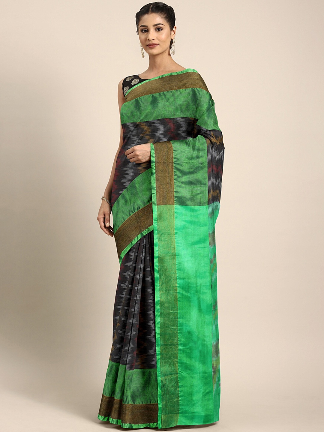 

Kalakari India Black & Green Striped Tissue Uppada Saree