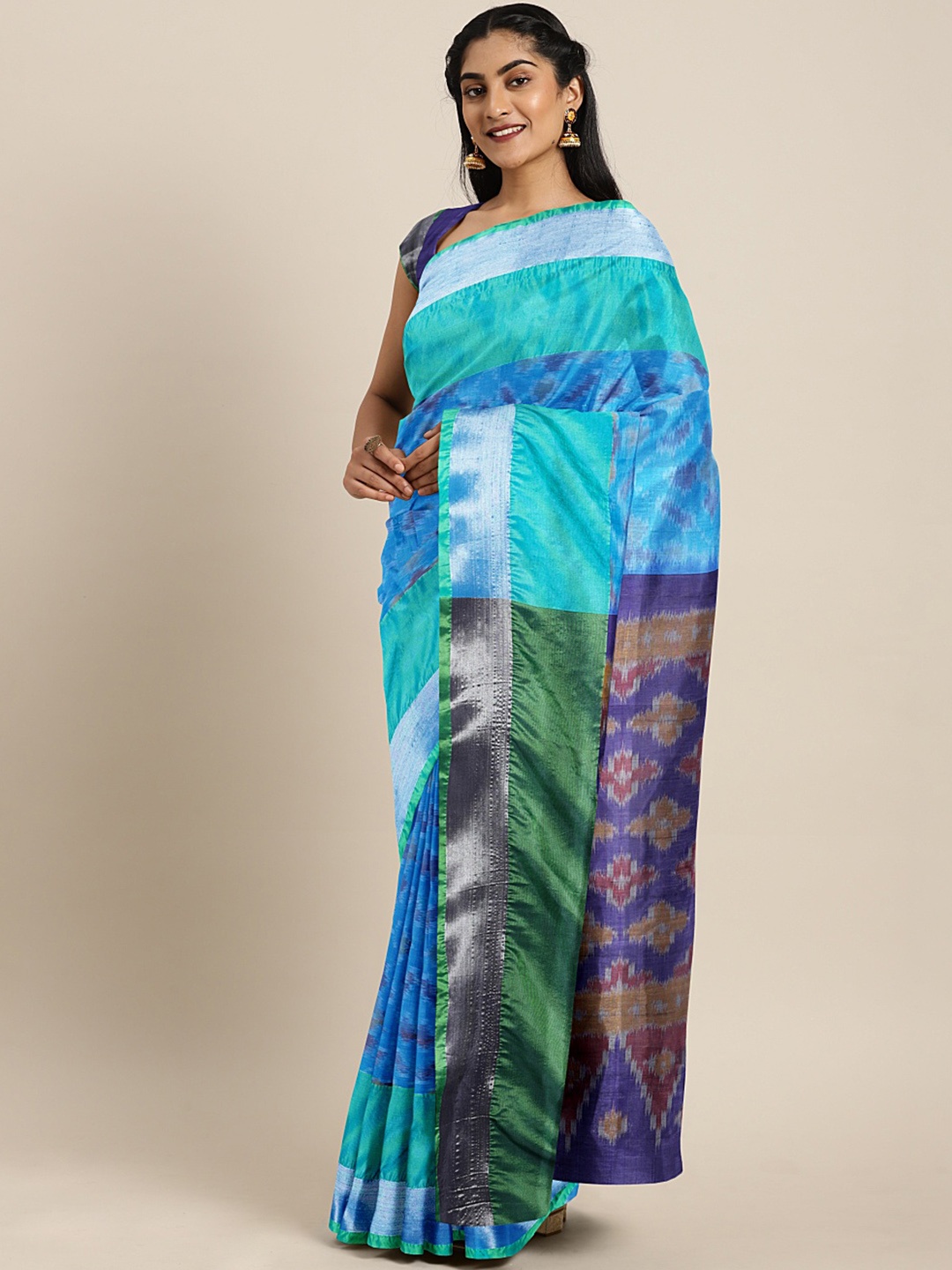 

Kalakari India Women Blue & Green Pure Silk Woven Design Uppada Saree