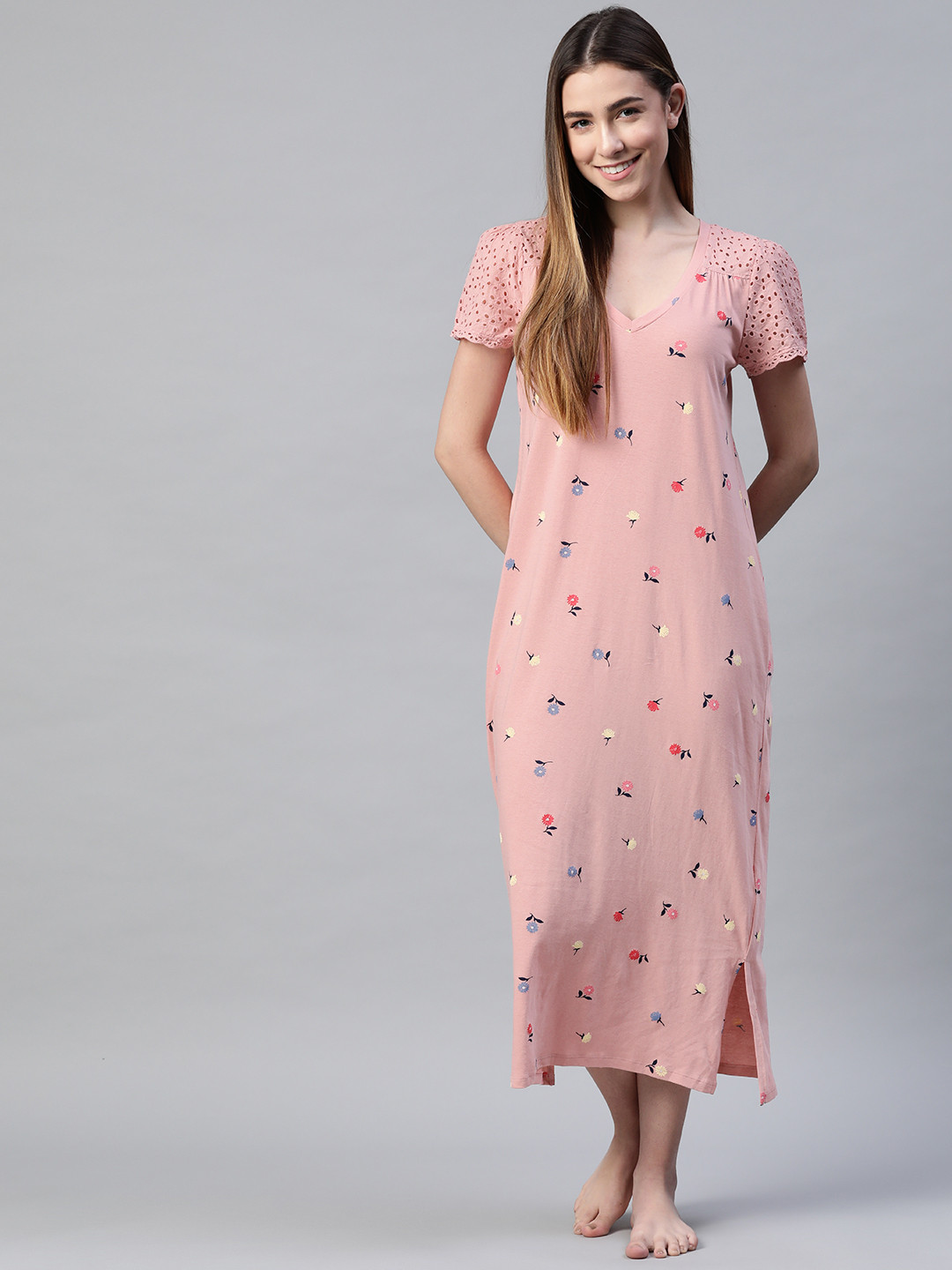 

Marks & Spencer Pink & Navy Blue Cotton Printed Nightdress