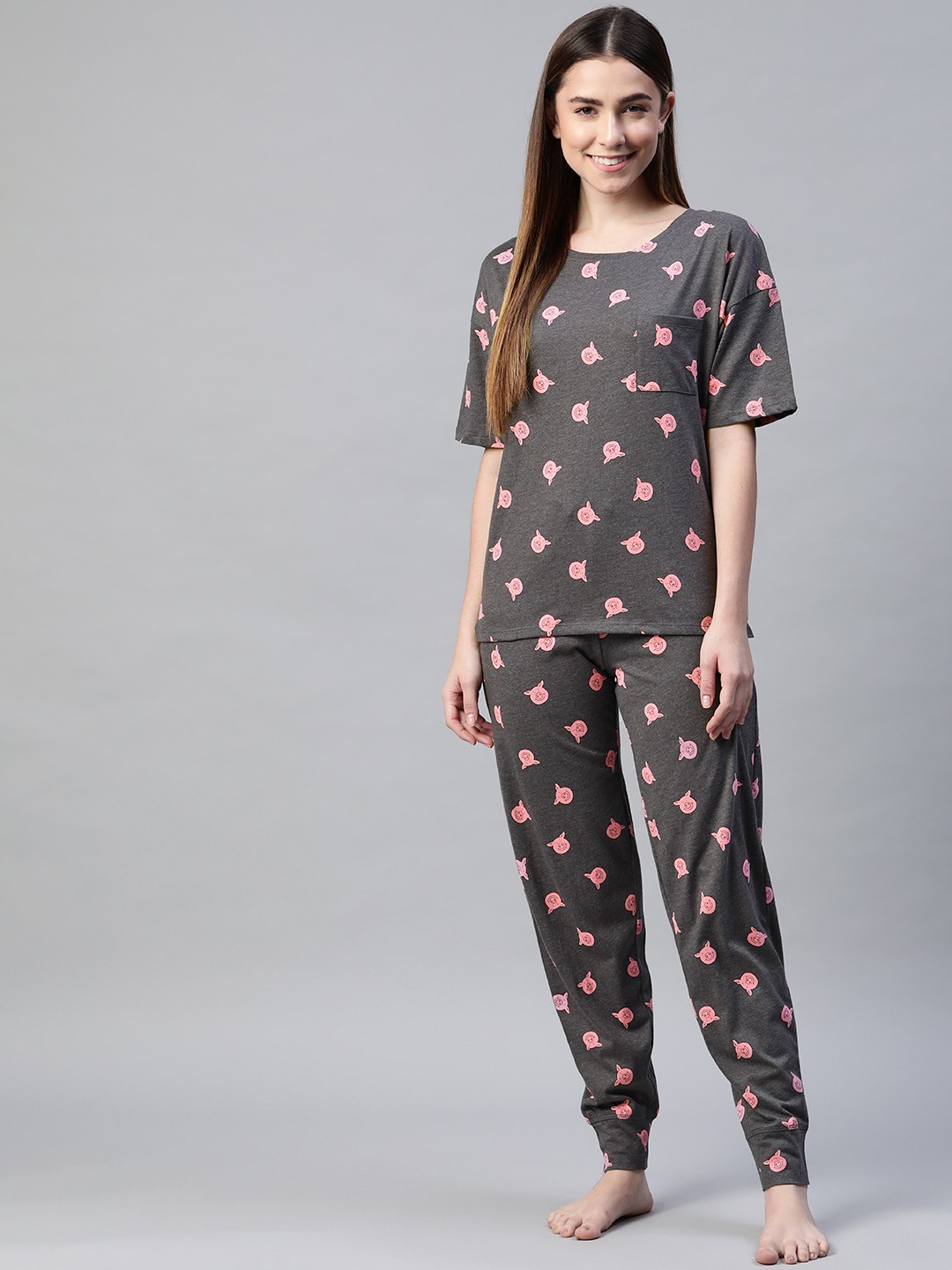 

Marks & Spencer Women Charcoal Grey & Pink Percy Pig Printed Night suit
