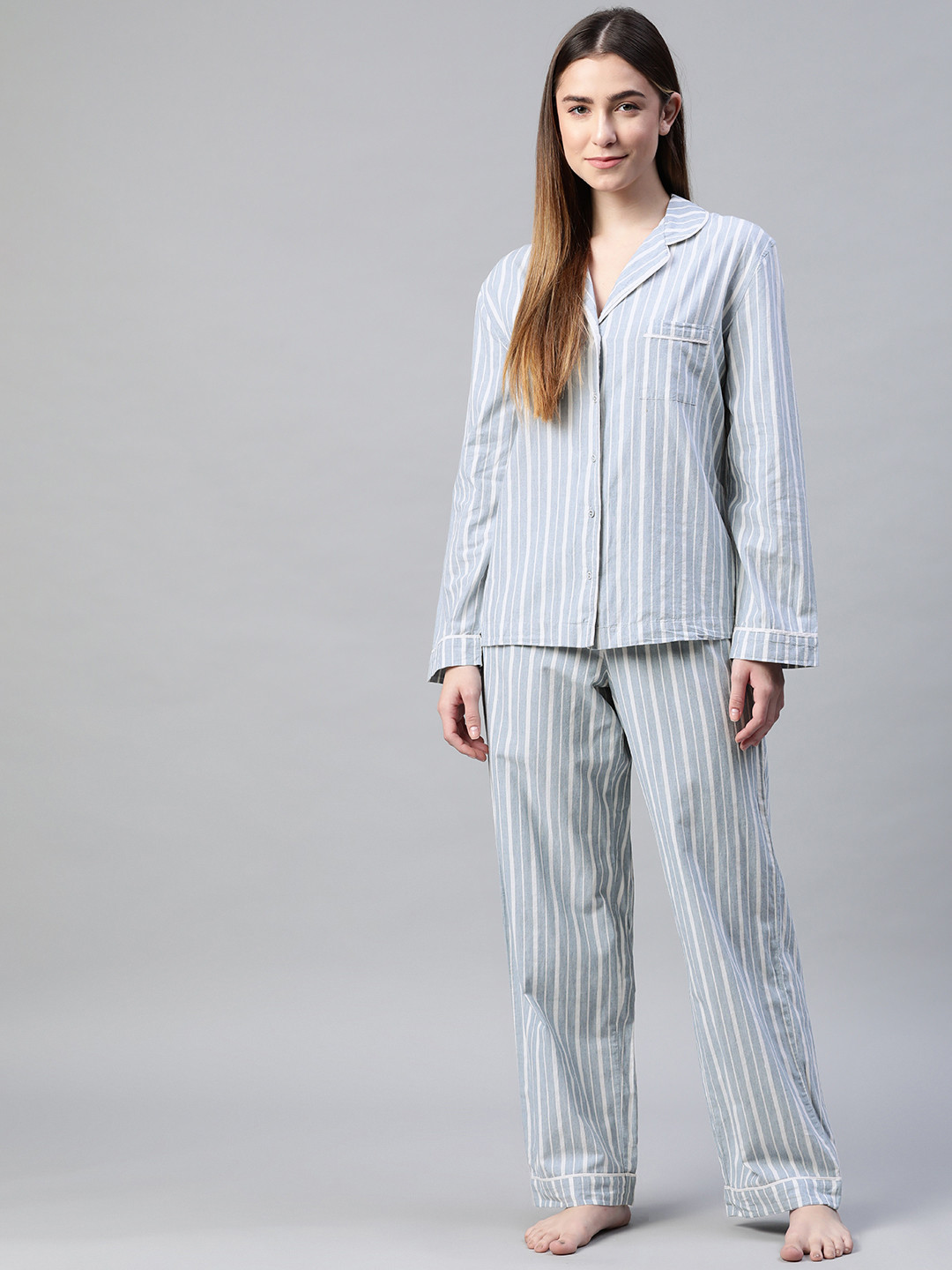 

Marks & Spencer Women Blue & White Striped Cotton Night suit