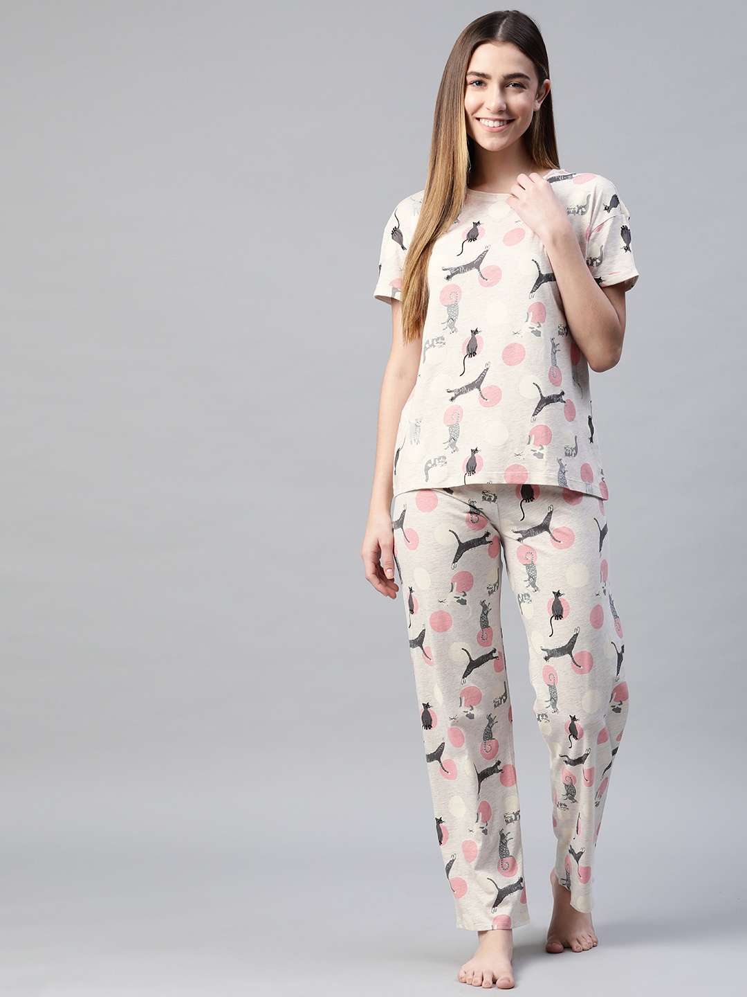 

Marks & Spencer Women Off White & Grey Printed Night suit
