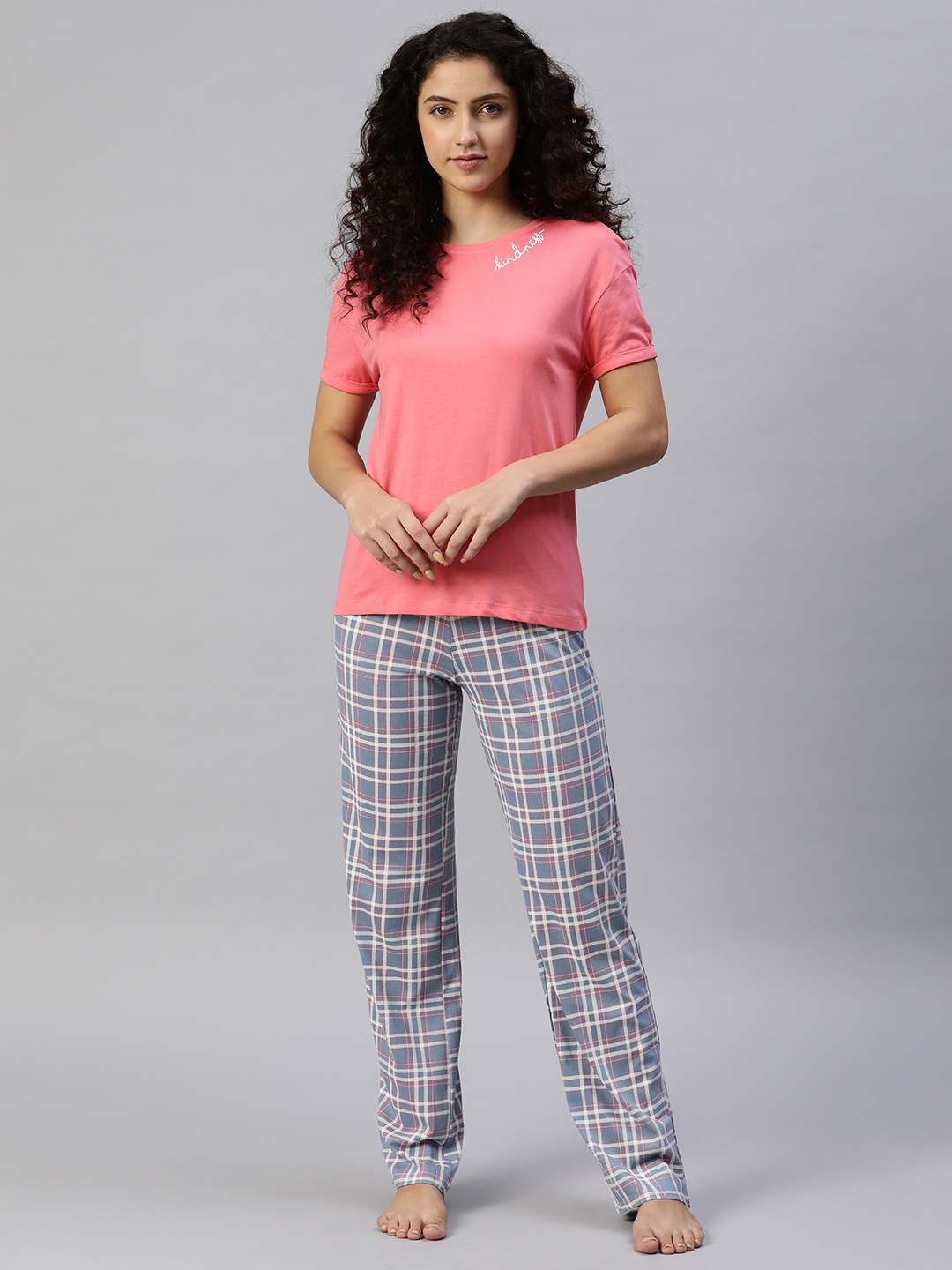 

Marks & Spencer Women Pink & Blue Checked Night Suit