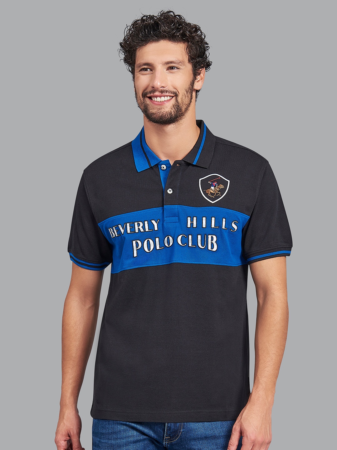 

Beverly Hills Polo Club Men Black Printed Polo Collar Applique T-shirt