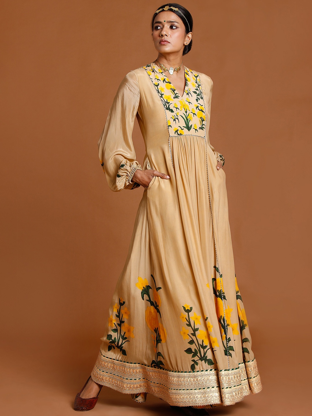 

Masaba Beige Floral Printed Crepe Ethnic Maxi Dress