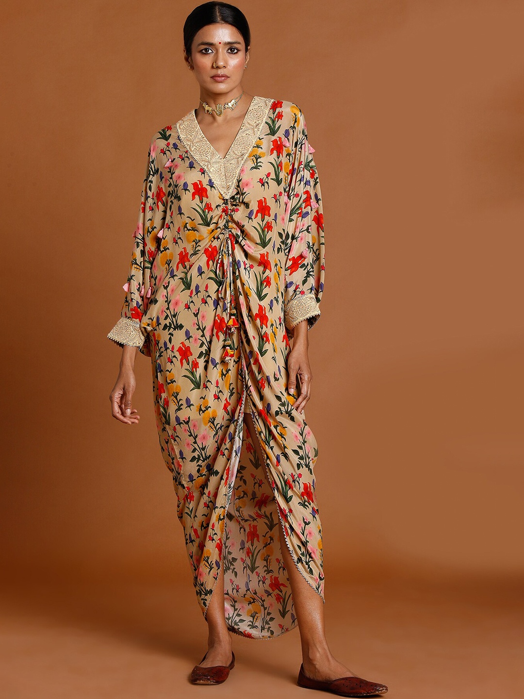 

Masaba Beige Floral Crepe Ethnic Kaftan Maxi Dress