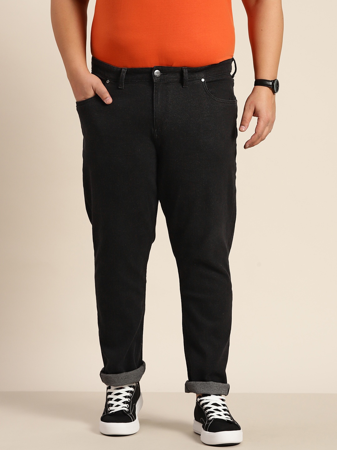 

Sztori Plus Size Men Black Slim Tapered Fit Light Fade Stretchable Jeans