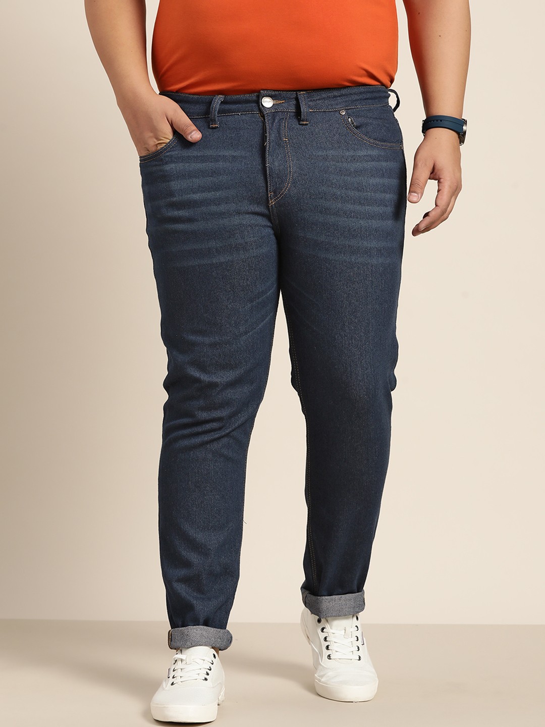 

Sztori Men Plus Size Navy Blue Slim Tapered Fit Stretchable Jeans