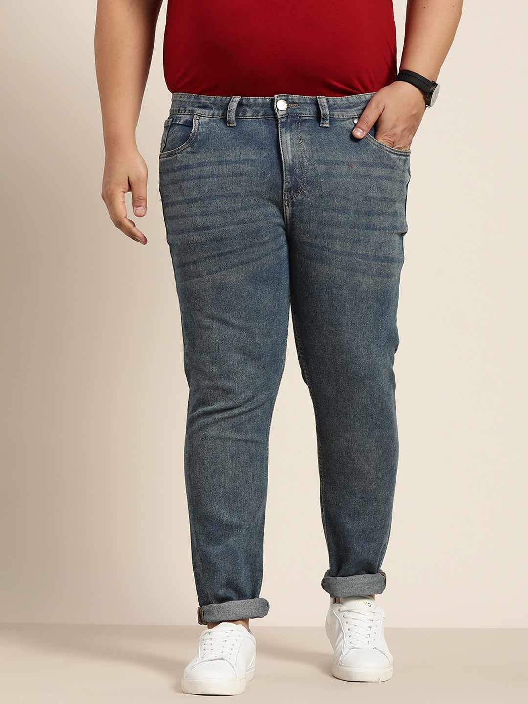 

Sztori Men Plus Size Navy Blue Slim Tapered Fit Stretchable Jeans