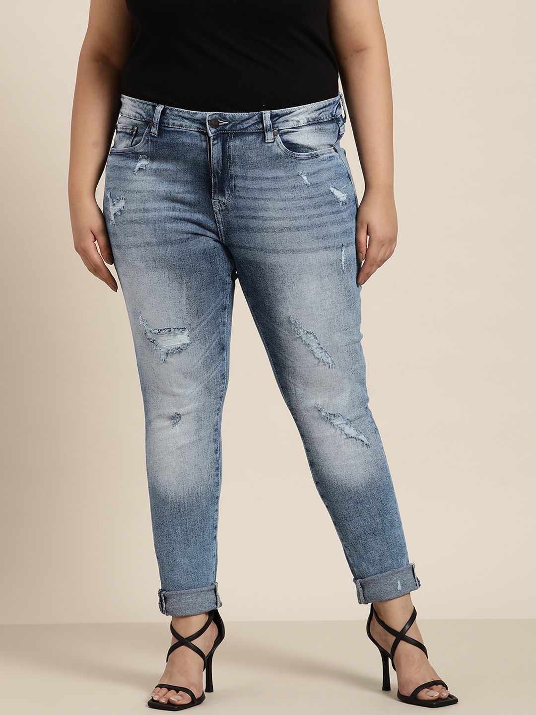 

Sztori Plus Size Women Skinny Fit Low Distress Heavy Fade Stretchable Jeans, Blue