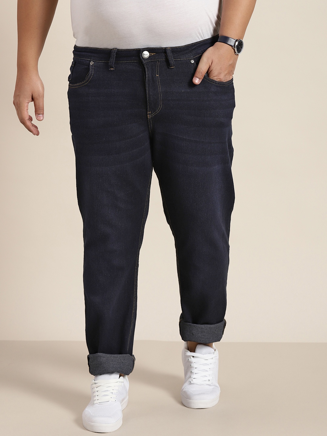 

Sztori Plus Size Men Navy Blue Slim Tapered Fit Stretchable Jeans