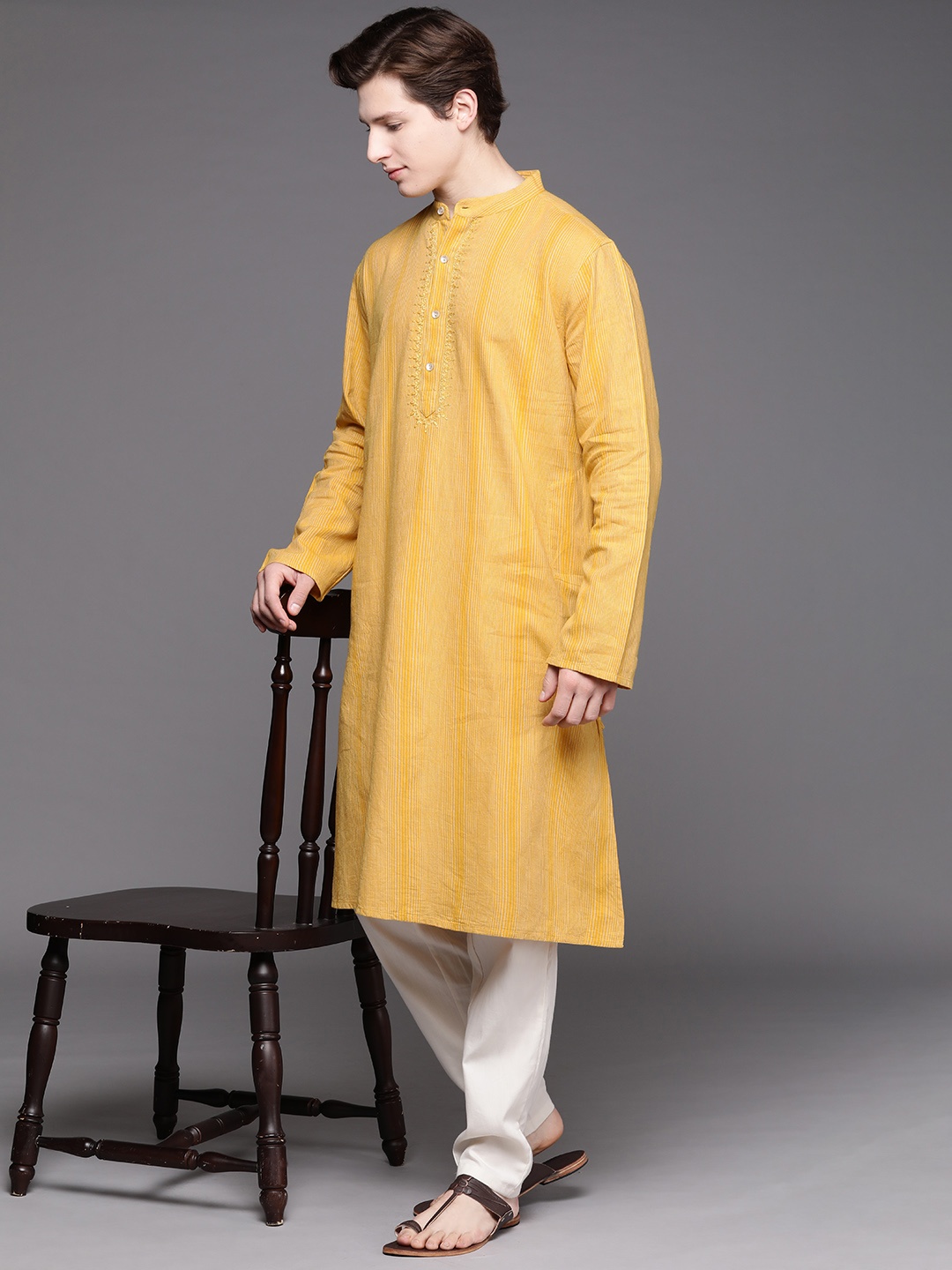 

Fabindia Men Mustard Yellow Striped Nagari Cotton Kurta