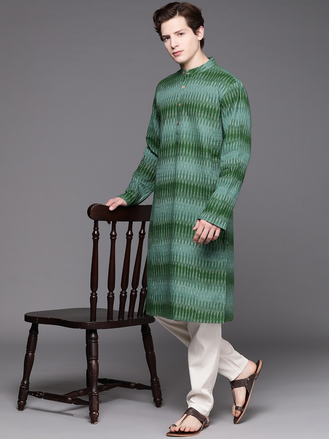 

Fabindia Men Green Geometric Design Cotton Slim Kurta