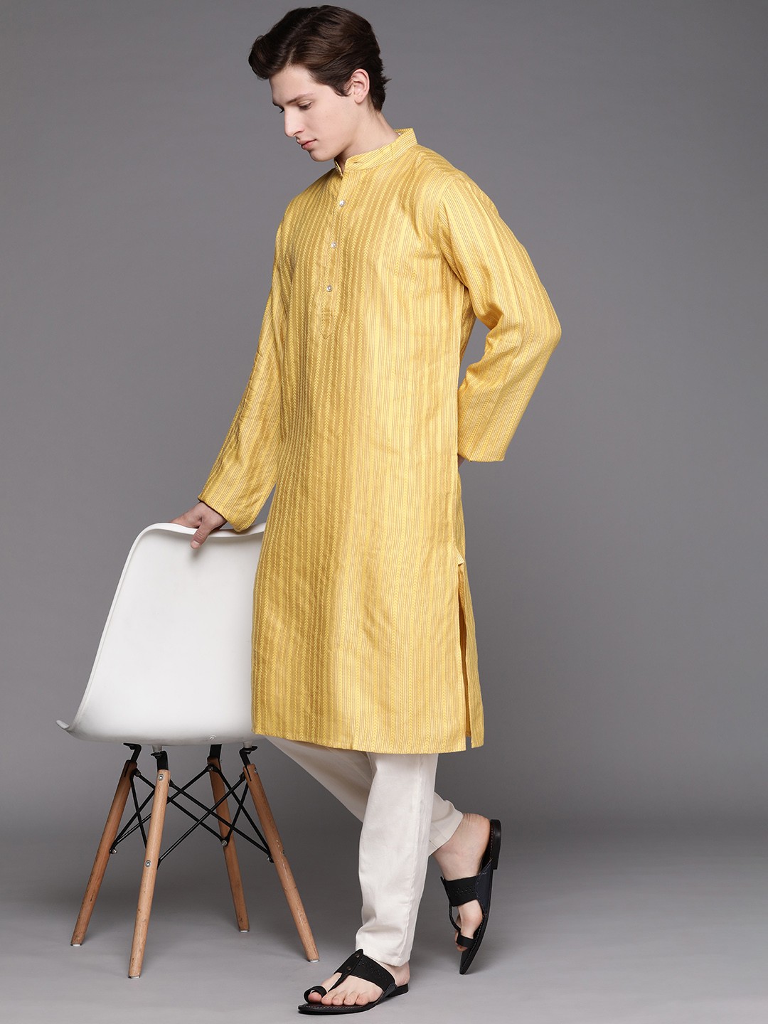 

Fabindia Men Mustard Yellow & Maroon Slim Fit Self- Striped Straight Kurta