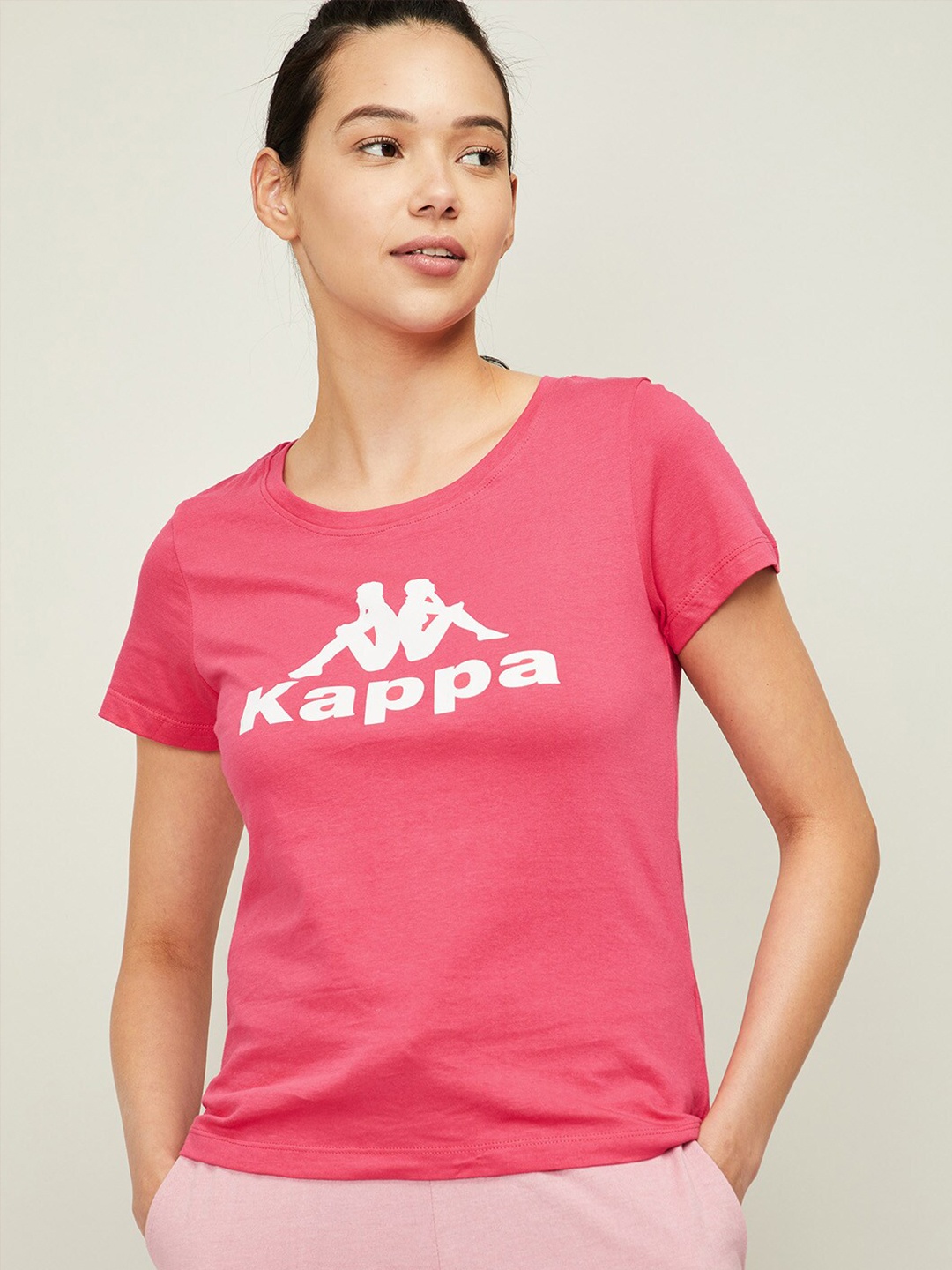 

Kappa Women Pink Typography Printed Drop-Shoulder Sleeves Applique Training or Gym T-shirt