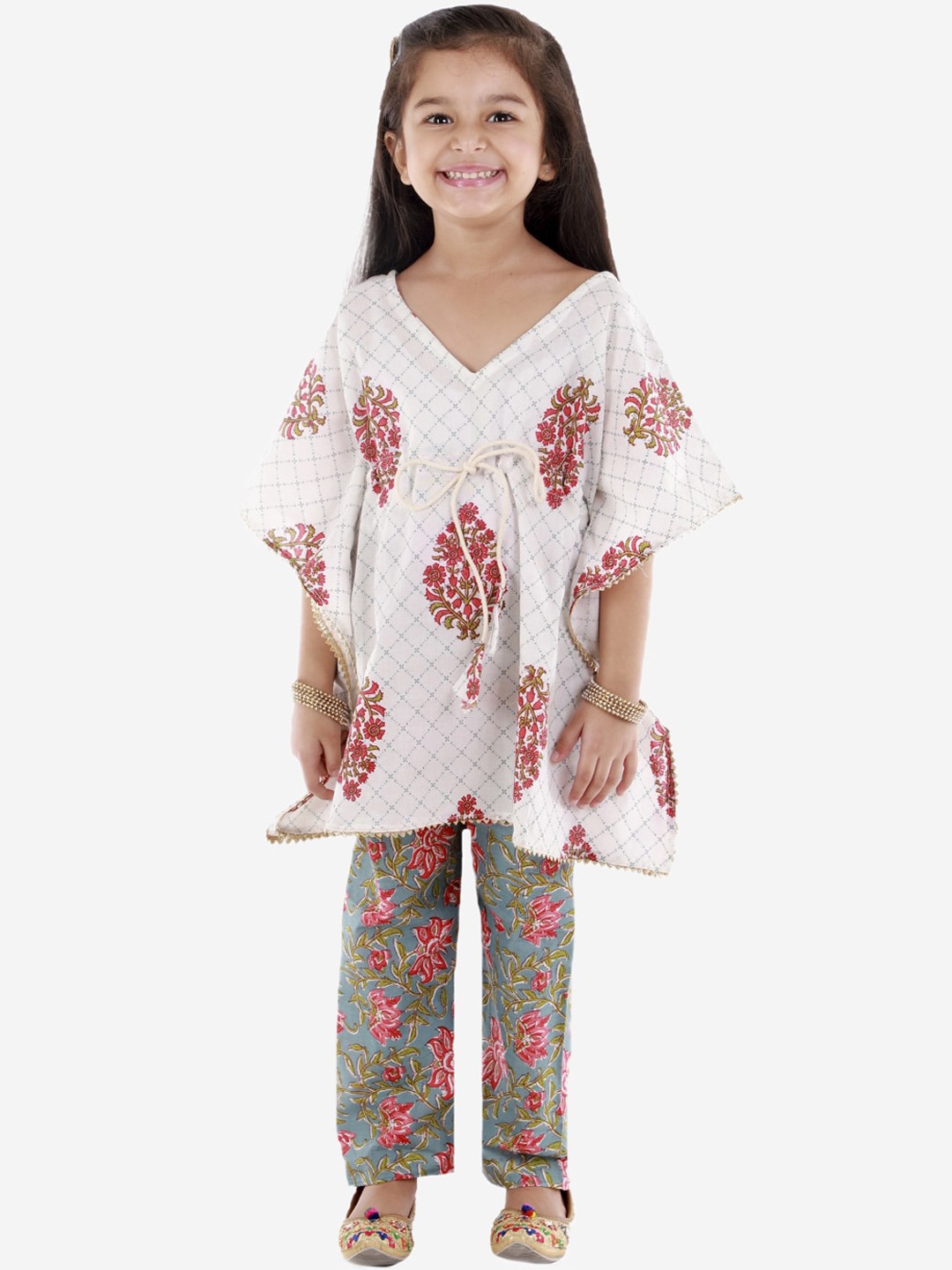 

ahhaaaa Girls Off White Floral Printed Pure Cotton Kaftan Kurta with Trousers