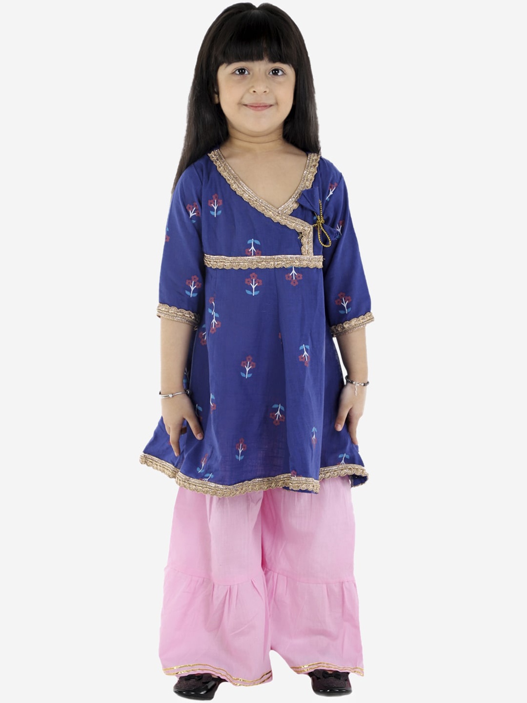 

ahhaaaa Girls Blue Floral & Pink Printed Angrakha Pure Cotton Kurti With Sharara & Dupatta