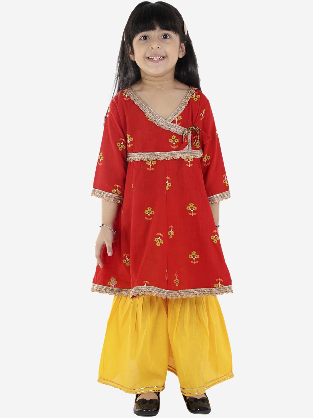 

ahhaaaa Girls Red Embroidered Angrakha Pure Cotton Kurta with Sharara