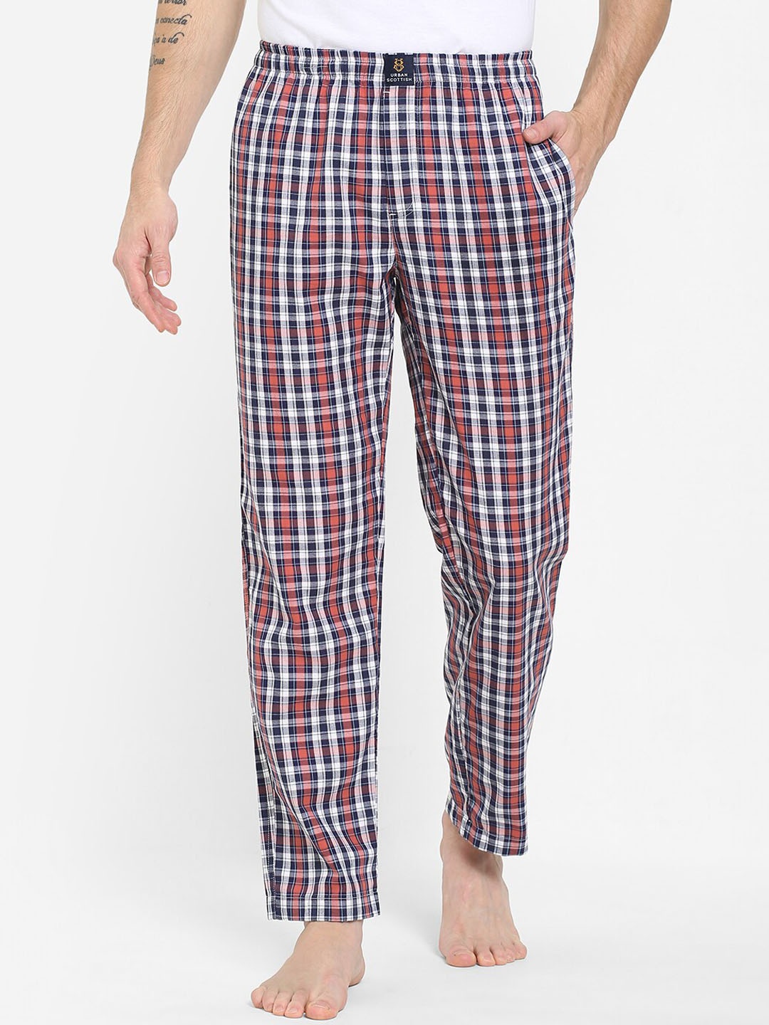 

URBAN SCOTTISH Men Red & Black Checked Pure Cotton Lounge Pants