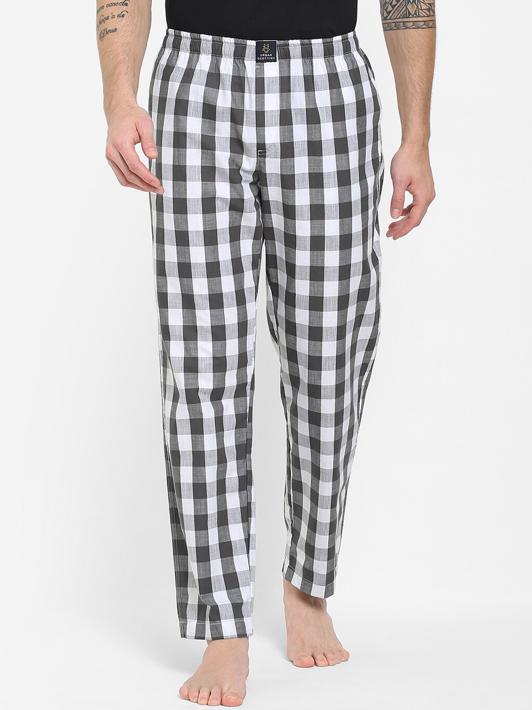 

URBAN SCOTTISH Men Grey Checked Pure Cotton Lounge Pants